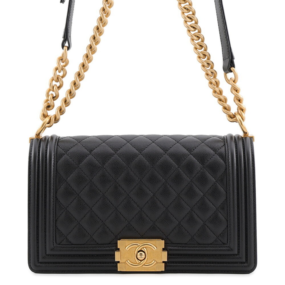 Chanel Chain Shoulder Bag, Coco Mark, Boy Chanel, Caviar Skin, A67086, Black,...